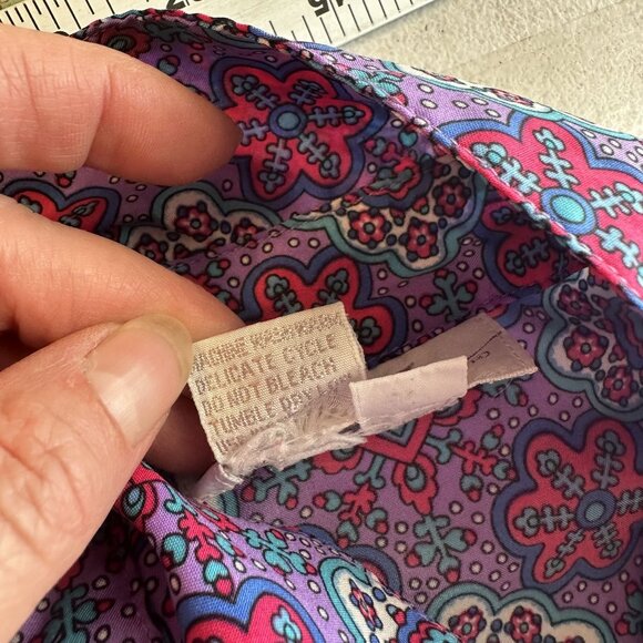 Vtg Womens Purple Blouse Large Purple Geometric Button Up Neck Tie 1980s Poly - Picture 8 of 12